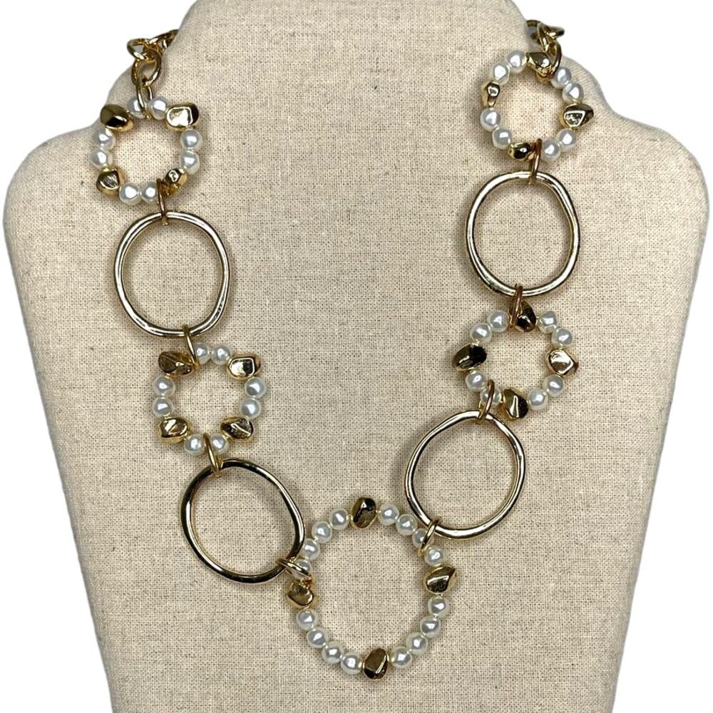 Gold Tone and Faux Pearl Statement Circle Necklace